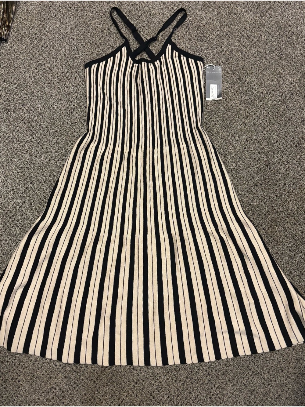 Worthington Black and Cream Striped Midi Dress with Crisscross Straps